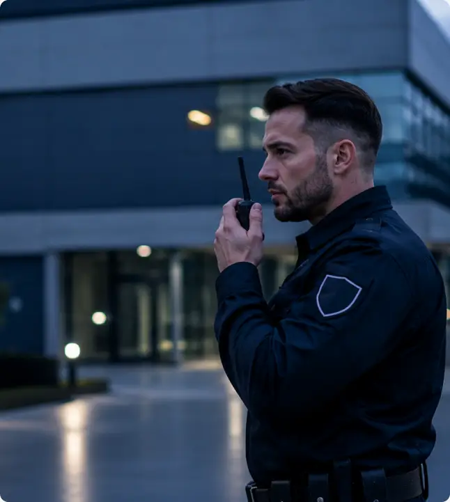 Guardia de seguridad comunicándose por radio frente a un edificio corporativo