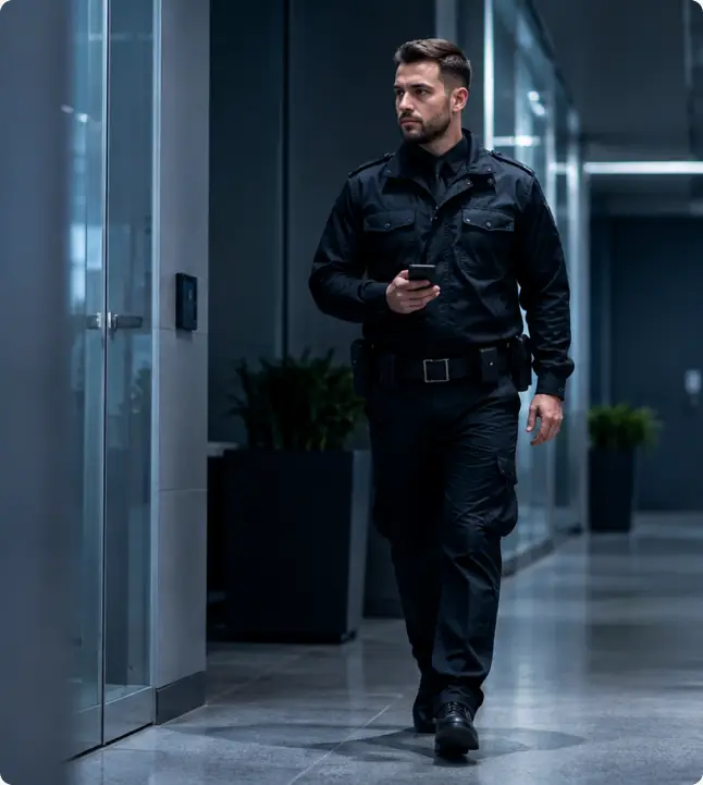 Guardia de seguridad caminando por un pasillo corporativo mientras revisa su celular