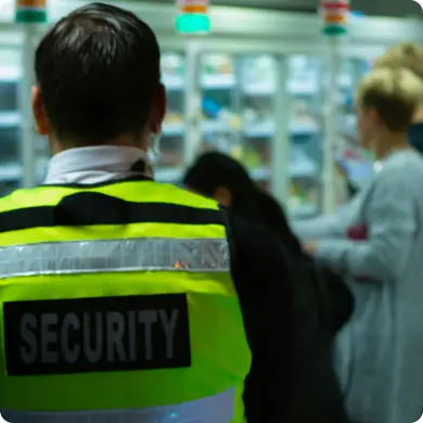 Guardia de seguridad con chaleco distintivo vigilando el interior de una tienda