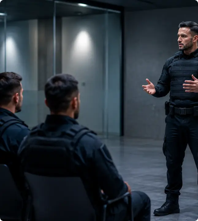 Supervisor dando indicaciones a un equipo de guardias en sala interior